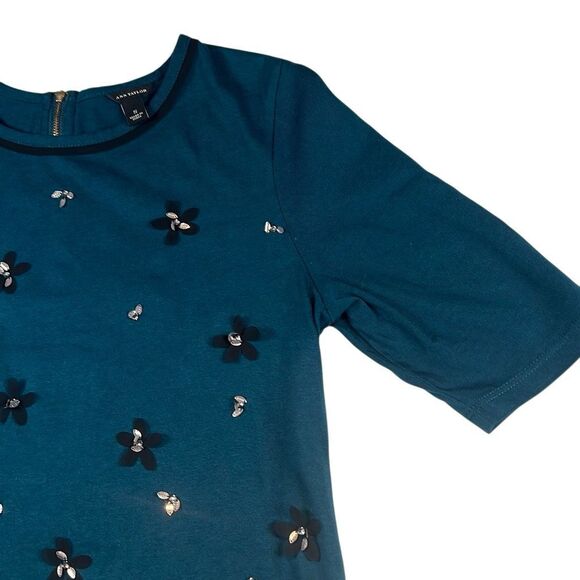 Ann Taylor Teal Short Sleeve Top S Floral Sequin Appliqué Back Zip (317) - Picture 5 of 9